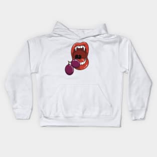 Mouth with vampire teeth about to take a bite into a purple grape Kids Hoodie